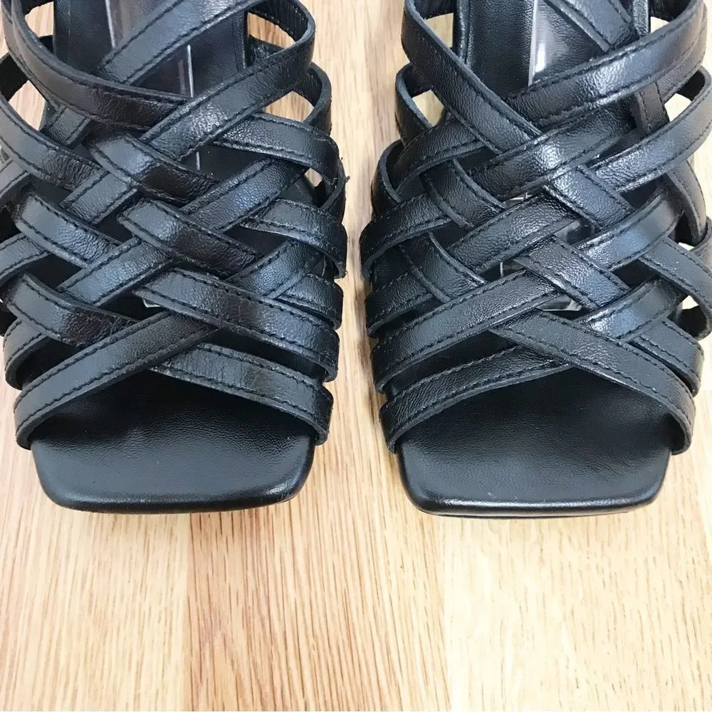 New SEYCHELLES‎ Braided Black Leather Chunky Heel Sandal Strappy Woven Size 6
